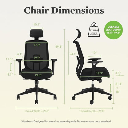 HON Altern Ergonomic Office Chair with Headrest, Mid‑Back Mesh Desk Chair, Adjustable Arms, Seat Slide, Synchro‑Tilt, Rolling Computer Seat for Home Office, Black Frame, Black
