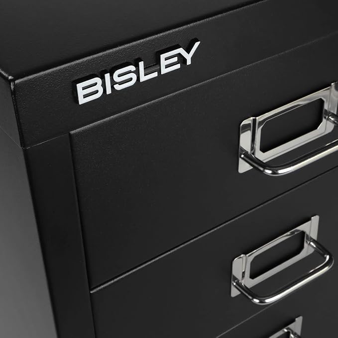 Bisley 3-Drawer Steel MultiDrawer Cabinet - Black | Chrome Pull Handles with Label Holders, Powder-Coated Steel, Removable Drawers, Desktop Storage, Labels Included