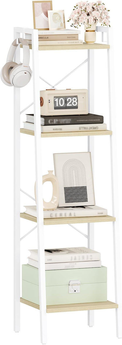 Hzuaneri Ladder Shelf, Bookshelf Bookcase, Freestanding Corner Storage Shelve with 2 Hooks for Home Office, Living Room, Kitchen, Bedroom, Industrial, 11.8" D x 13.4" W x 47.2" H, White Oak and White