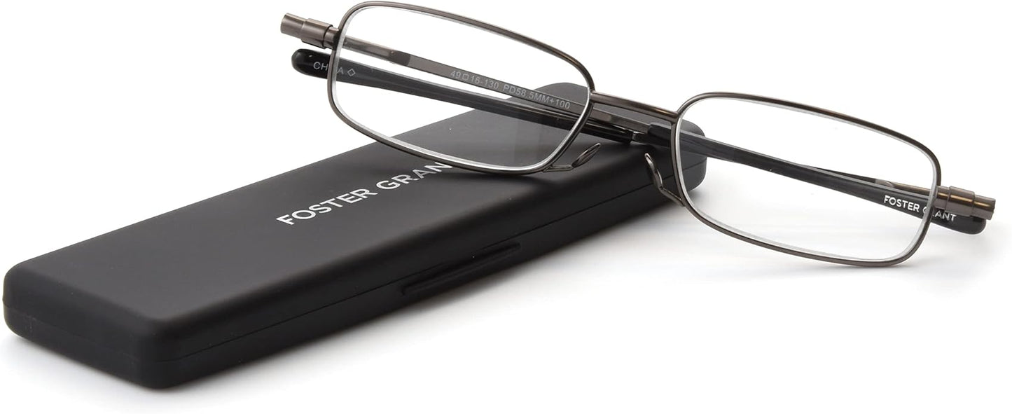 Foster Grant Gavin Fold Flat Rectangular Reading Glasses, Gunmetal/Transparent, 48 mm + 3