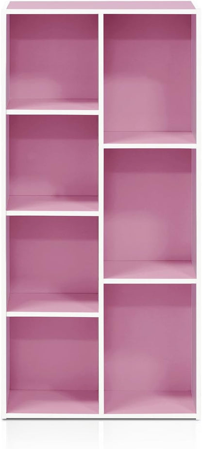 Furinno LUDER Book Shelf, 7-Cube Bookshelf, Bookcase with Open Shelves, 9.4 x 19.5 x 41.7, Easy Assembly, for Living Room, Bedroom, Home Office, White/Pink