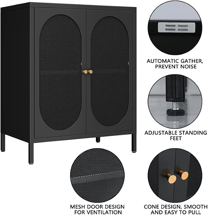 2 Mesh Door Accent Storage Cabinet for Home,Living Room,Office Room,Kitchen-Metal Locker Cabinet with 1 Adjustable Shelves-2-Tier (Small Mesh Door, Black)