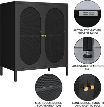 2 Mesh Door Accent Storage Cabinet for Home,Living Room,Office Room,Kitchen-Metal Locker Cabinet with 1 Adjustable Shelves-2-Tier (Small Mesh Door, Black)