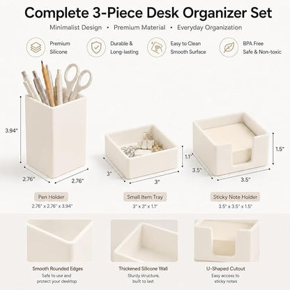 minimaliving Aesthetic Silicone Desk Organizer Set of 3,Modern Office Desk Accessories with Pen Holder,Paperclip Tray,Sticky Note Holder,Stylish Functional Office Desk Decor for Back-to-school(Beige)