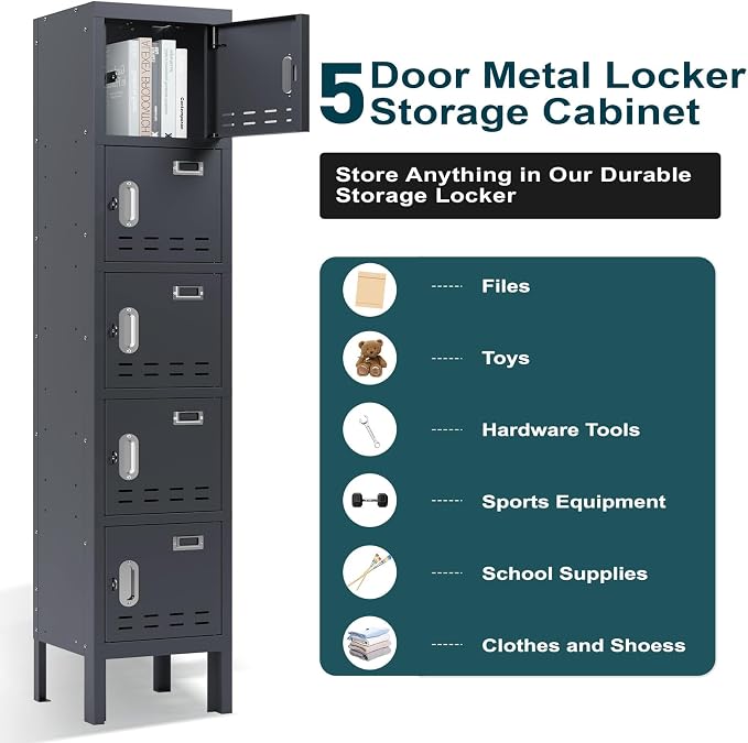 BUTISOW Metal Lockers - 66" Height Steel Lockers for Employees with 5 Door Storage Locker with Card Slot for Employees Gym School Home Office Garage - Assembly Required