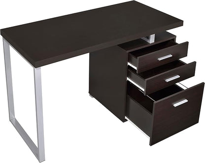 Coaster Home Furnishings Brennan Modern Contemporary Home Office 3-Drawer Writing Desk with Drawers Computer Desk Study Table File Cabinet Storage Silver Metal Frame Cappuccino Brown 800519