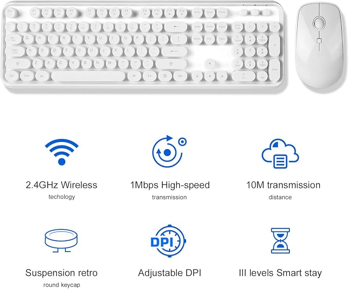 Wireless Keyboard and Mouse Combo - Cute Colorful Keyboard and Mouse, Retro Typewriter Keyboard with 2.4GHz Plug & Play, for Windows 11/10/7, Laptop, PC (White)