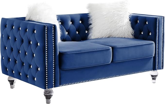mikibama Velvet Loveseat with Buttons and Square Arms 59 Inch Tufted Sofa with Trimmed Nailhead and Acrylic Legs Loveseat Couch for Living Room,Bedroom (Navy Blue-Crystal Legs, Loveseat)