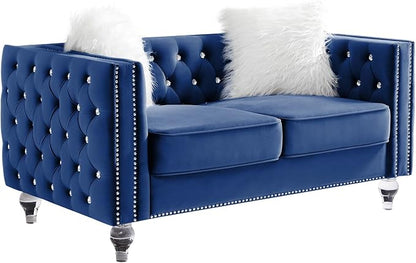 mikibama Velvet Loveseat with Buttons and Square Arms 59 Inch Tufted Sofa with Trimmed Nailhead and Acrylic Legs Loveseat Couch for Living Room,Bedroom (Navy Blue-Crystal Legs, Loveseat)