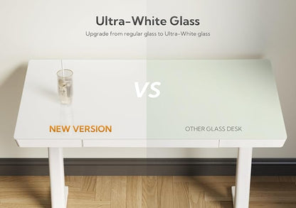 Claiks Small Glass Standing Desk with Drawers & USB Ports, 35 Inch Adjustable Stand Up Desks with Storage, Quick Install One-Piece Computer Desks for Small Space and Home Office, White