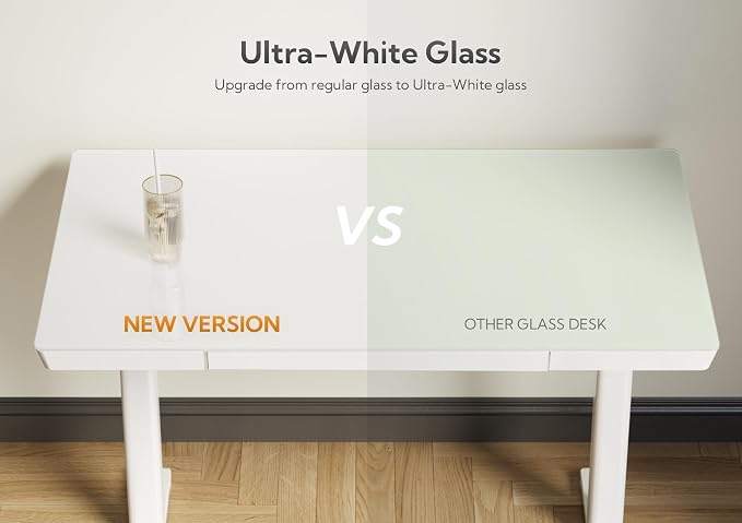 Claiks Small Glass Standing Desk with Drawers & USB Ports, 32 Inch Adjustable Stand Up Desks with Storage, Quick Install One-Piece Computer Desks for Small Space and Home Office, White