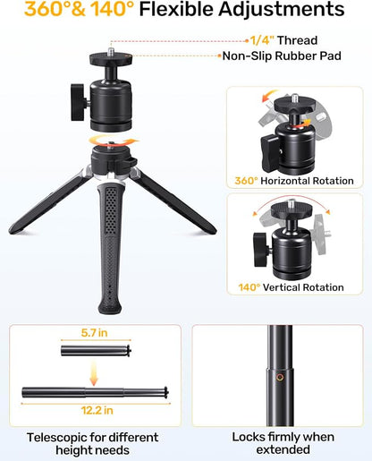 Webcam Tripod for Desk, Extendable Web Cam Stand Mount with Phone Holder for Logitech Webcam C920 C922 C922x C925e C930 C930e C615 Brio 4K NexiGo N60, GoPro Camera and Ring Light with 1/4" Thread