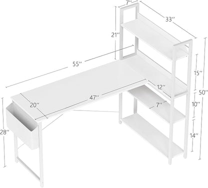 Treesland 55 Inch Computer Desk with Bookshelf, Corner Desk with Storage, L Shaped Desk, Home Office Desks, Writing Study Desk for Bedroom, White