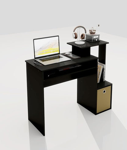 Small Computer Writing Desk with Drawers, Home Office Desk with Storage Shelves for Home Office Bedroom, Black/Brown