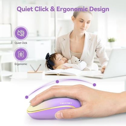 TECKNET Wireless Mouse, 2.4G Quiet Computer Mouse with USB Receiver, 4 Buttons Portable Cordless Mice for Chromebook, Laptop, PC, Mac, 800/1200/1600 DPI - Pink-Yellow Gradient