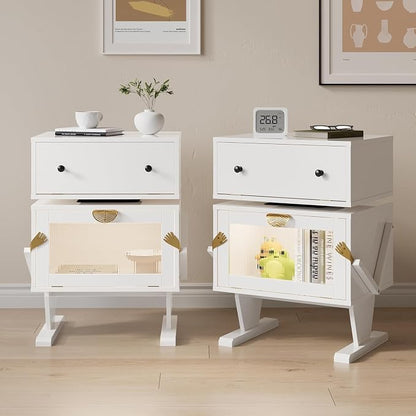 RoyalCraft Large Nightstand Set of 2 with LED Lights, White End Table with 360°Rotating Drawer, Modern Bedside Table with Storage, Wood Night Stand for Bedroom, Home Office, White
