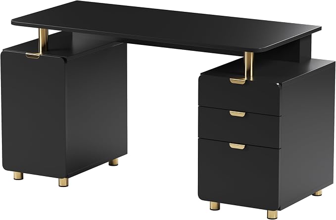 Elegant 57" W Executive Desk with 3 Drawers and Storage Cabinet, Modern Office Desk with Gold Accents, Floating Work Surface, Closed Storage with Ventilation & Adjustable Shelf (Black,Gold)