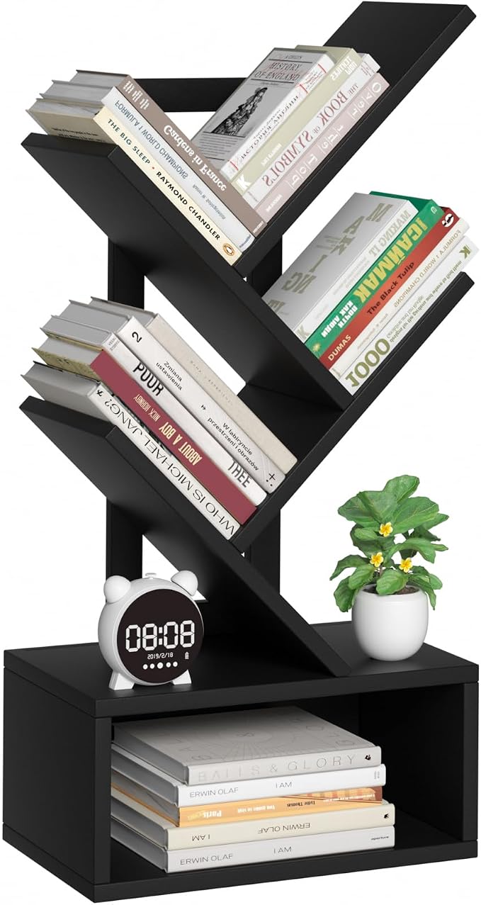 SHEEPAM Small Tree Book Shelf,5 Tier Black Tree Bookshelf,Black Desktop Bookcase,Modern Desk Display Storage Bookshelves,Floor Standing Organizer Bookcases for Living Room,Bedroom,Office