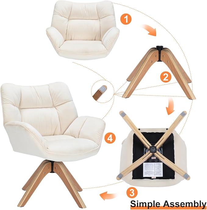 ZLHECTO® Mid Century Accent Chair, 360° Swivel Fabric Desk Chair, Modern Cozy Vanity Chair No Wheel Wood Legs Upholstered Single Armchair for Living Room Bedroom Office Dining Room (Fabric Beige)