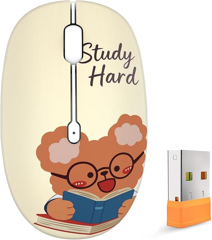 FMOUSE Cute Wireless Mouse, Bluetooth & 2.4GHz Dual Mode with USB Receiver, Silent Click, AA Battery Powered, for Students Kids Study School, Compatible with Laptop Mac iPad PC (Study Buddy Bear)