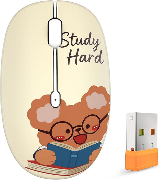 FMOUSE Cute Wireless Mouse, Bluetooth & 2.4GHz Dual Mode with USB Receiver, Silent Click, AA Battery Powered, for Students Kids Study School, Compatible with Laptop Mac iPad PC (Study Buddy Bear)
