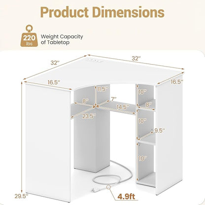 Giantex White Corner Desk, Triangle Computer Desk with Charging Station, Open Storage Shelves and Curved Edge, Space Saving Writing & Makeup Vanity Desk for Small Spaces, Home Office, Bedroom