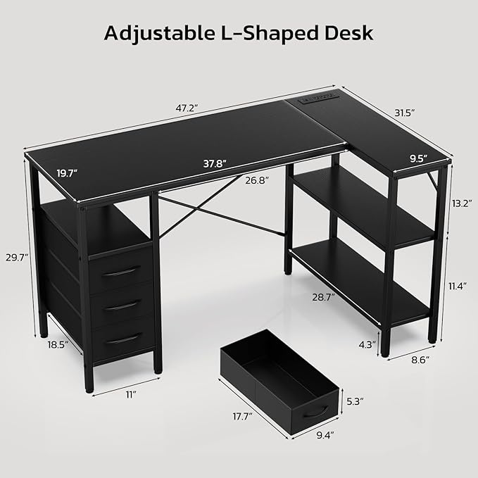 Simple Deluxe L Shaped Gaming Desk with Power Outlets, 47 Inch Computer Desk with 3 Drawers, Shelves, Corner Computer Desk for Gaming, Corner Work, Home Office, Study, Black