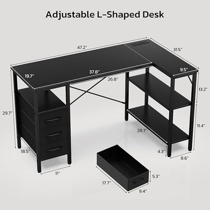 Simple Deluxe L Shaped Gaming Desk with Power Outlets, 47 Inch Computer Desk with 3 Drawers, Shelves, Corner Computer Desk for Gaming, Corner Work, Home Office, Study, Black