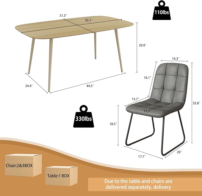 HIPIHOM 55.1'' Dining Table Set for 4,Modern Wood Dining Table,Leather Dining Chairs 4,Table and Chairs Set of 4,Ideal for Kitchen Dining Room (Cat Scratch Table + 4 U-Shaped Gray Chairs, 55.1")