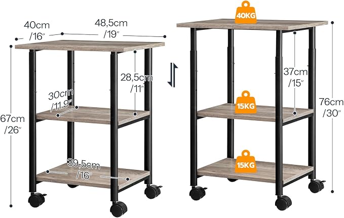 HOOBRO Printer Stand, 3-Tier Industrial Under Desk Printer Cart with Shelf, Mobile Heavy Duty Storage Rack on Wheels for Home, Office, Grey and Black BG03PS01G1