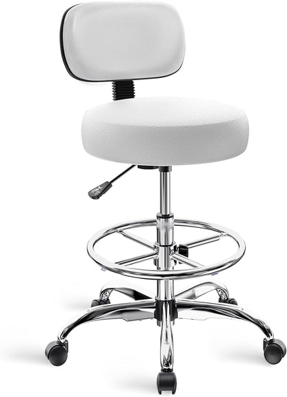 SUPERJARE Drafting Chair with Back, Adjustable Foot Rest Rolling Stool, Multi-Purpose Office Desk Chair, Thick Seat Cushion for Home Bar Kitchen Shop - White