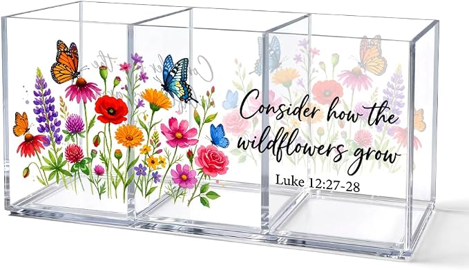 3 Compartments Funny Floral Acrylic Desk Organizer, Pen Holder & Makeup Organizer for Women, Colorful Wildflower Office Gifts for Coworker, Aesthetic Desk Decor for Women Vanity Office School