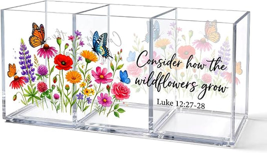 3 Compartments Funny Floral Acrylic Desk Organizer, Pen Holder & Makeup Organizer for Women, Colorful Wildflower Office Gifts for Coworker, Aesthetic Desk Decor for Women Vanity Office School