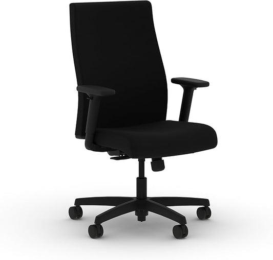 HON Ignition 2.0 Ergonomic Office Chair with Adjustable Arms, Standard Synchro‑Tilt Recline, Upholstered Desk and Computer Chair for Home Office or Workstation, Black Frame, Black