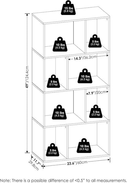 Furinno DALY Book Shelf, 8-Cube Bookshelf, Cube Storage Organizer Bookcase with Irregular Compartments, 11.7 x 23.6 x 49, for Living Room, Bedroom, Home Office, White