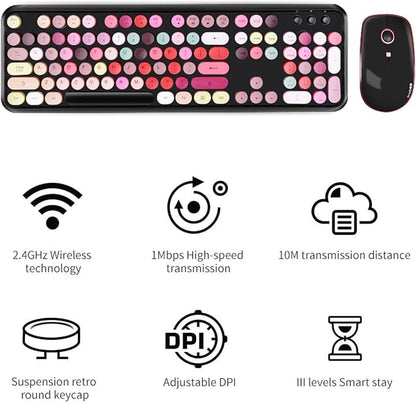 Wireless Keyboard and Mouse | Cute Colorful Keyboard and Mouse with 2.4GHz Cordless Retro Typewriter Keyboard | Auto-Sleep | USB Receiver for Windows PC/Laptop - Black Colorful