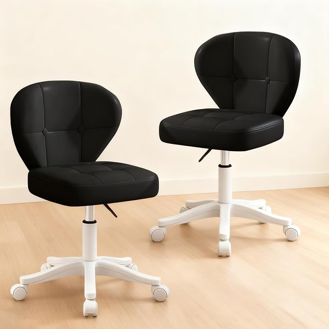 Small Office Chair with Lumbar Support, PU Leather Armless Swivel Desk Chair Adjustable Height, Compact Rolling Chair for Home Office, Bedroom, Study Black Set of 2