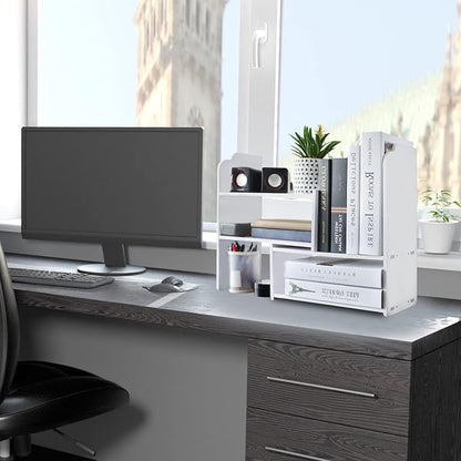YGYQZ Adjustable PVC Desktop Organizer Storage Rack - White Desk Shelf for Office, Women, Dormitory & Home Decor