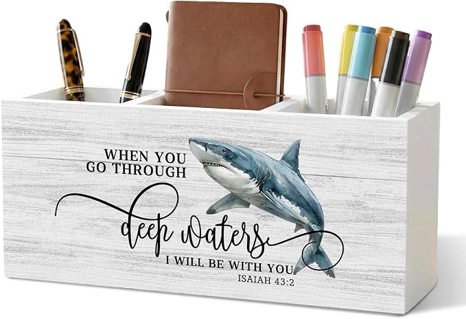 Christian Shark Pencil Pen Holder for Desk Organizer, Christian Gifts for Women Men, Coastal Beach Shark Bible Verse Wooden Box Decorations for Home Office Bedroom Desk Tabletop Decor