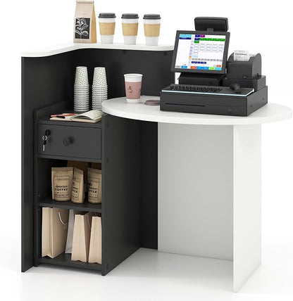 Giantex Reception Desk, Front Counter Desk with Lockable Drawer, Checkout Table with Round Tabletop, Corner Shelf & Adjustable Shelf for Office Beauty Salon Retail Store (Black & White)