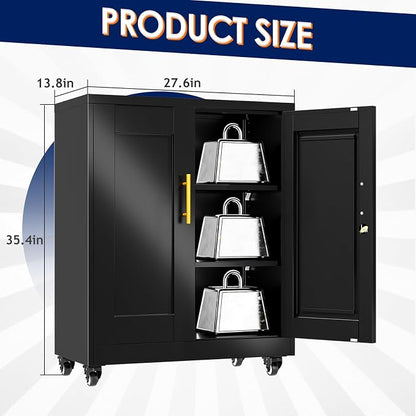 erosoei 35" H Metal Garage Storage Cabinet, Rolling Tool Cabinet with 2 Doors and Wheels, Locker Steel Cabinet with 2 Adjustable Shelves, Organization Cabinet for Garage,Office,Home,Gym,School（Black）