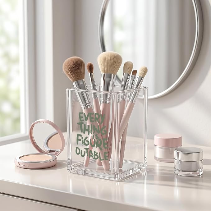 Everything is Figureoutable Funny Clear Acrylic Pen Holder - Makeup Brush Organizer, Inspirational Desk Decor, Motivational Gag Gift for Coworker, Boss, Teacher, Office Accessories