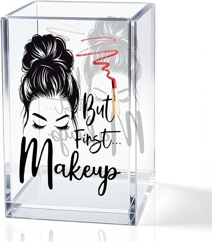 But First Makeup Acrylic Cosmetic Holder, Funny Makeup Brush Holder Gifts for Cosmetologist Women Girls, Bathroom Vanity Storage for Make up Brushes, Birthday Gifts for Daughter Niece Sister