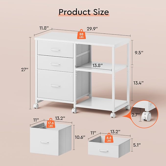 Maihail 3 Drawer File Cabinet with Wheels Rolling Printer Stand with Open Storage Shelf Fabric Lateral Filing Cabinet for Home Office,White