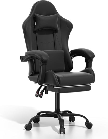 Gaming Chair with Footrest, Ergonomic Computer Gaming Desk Chair with Lumbar Support & Headrest, Adjustable High Back PU Leather Office Chair, Swivel Racing Style Gamer Chair, Black