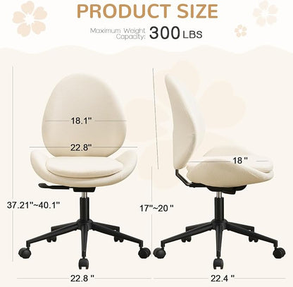 Furniliving Chenille Armless Desk Chair with Wheels, Upholstered Home Office Chair with Double-Layer Cushion, Adjustable Swivel Computer Vanity Chair with Rocking Back, White