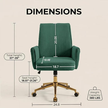 Stripes Velvet Home Office Desk Chair, Accent Upholstered Modern Height Adjustable Swivel Chair with Wheels,Ergonomic Task Chair for Living Room,Bedroom,Vanity,Study,Office（Green）