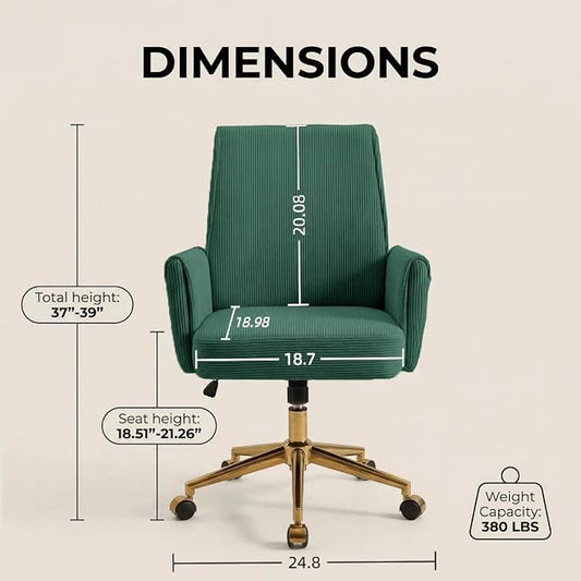 Stripes Velvet Home Office Desk Chair, Accent Upholstered Modern Height Adjustable Swivel Chair with Wheels,Ergonomic Task Chair for Living Room,Bedroom,Vanity,Study,Office（Green）