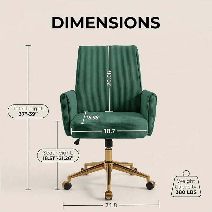 Striped Velvet Office Chair, 360° Swivel Ergonomic Task Chair with High Back, Gold Base and Wheels, Height Adjustable Modern Accent Chair for Home Office, Living Room, Study, Vanity Room (Green)