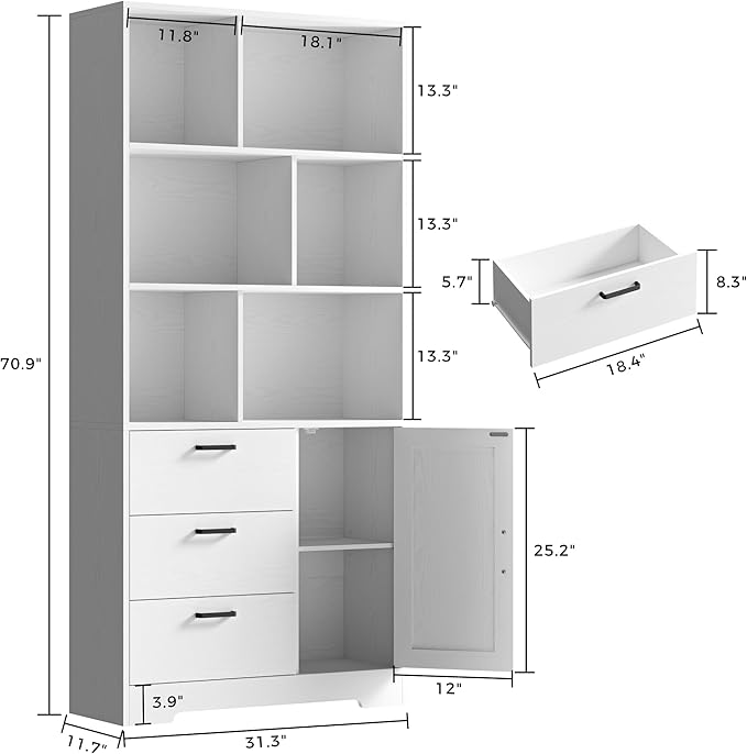 IRONCK Bookshelf, 70.9 Inch Tall Bookcase, White Book Shelf with Doors and 3 Drawers, 3-Tier Bookshelves with 6 Open Cubes for Home Office, Living Room, Study